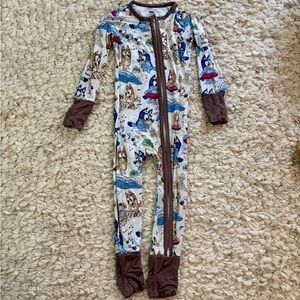 Kids 3BB White Brown Blue Dog Print Bamboo Zipper Footie 3t